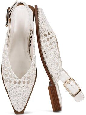 Women's Woven White Closed Pointed Toe Slip On Style Office Wear Flat Mule Shoes